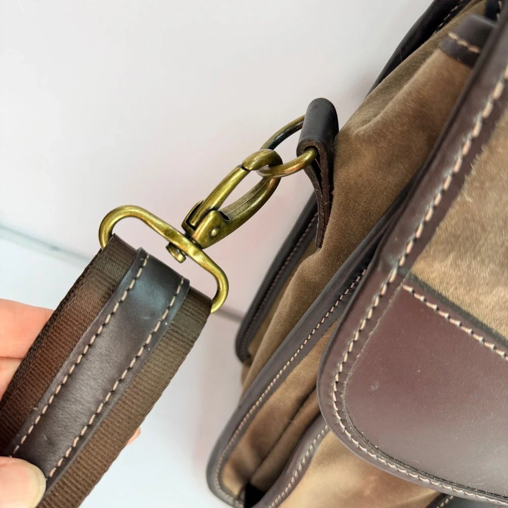 VTG Allen Edmonds Waxed Canvas Leather Trim Messenger Bag Briefcase Brown Brass